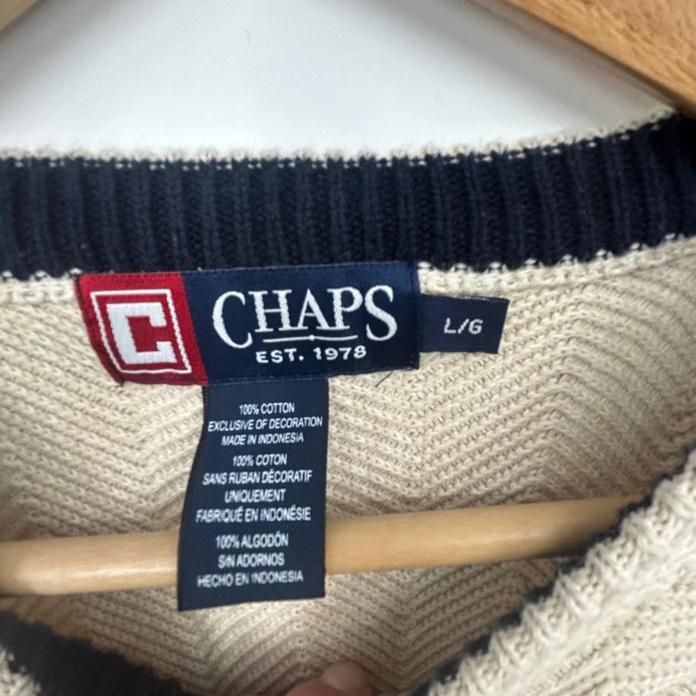 Chaps Mens L/G Beige Cotton Sweater Long‎ Sleeve Crew Neck Embroidered Logo